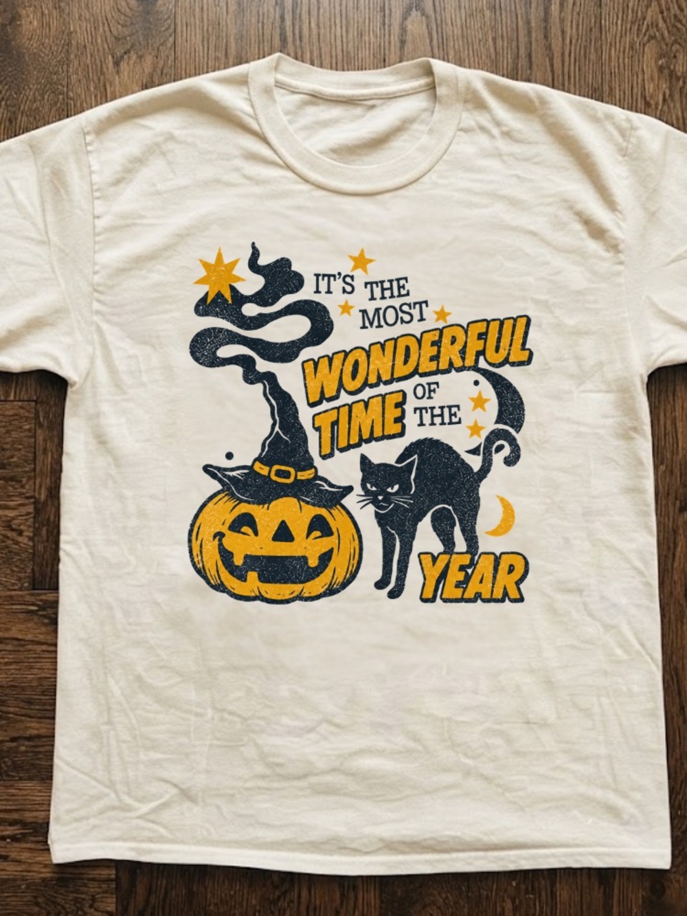 Halloween Tee with Yellow Pumpkin & Black Cat Graphic T-Shirt